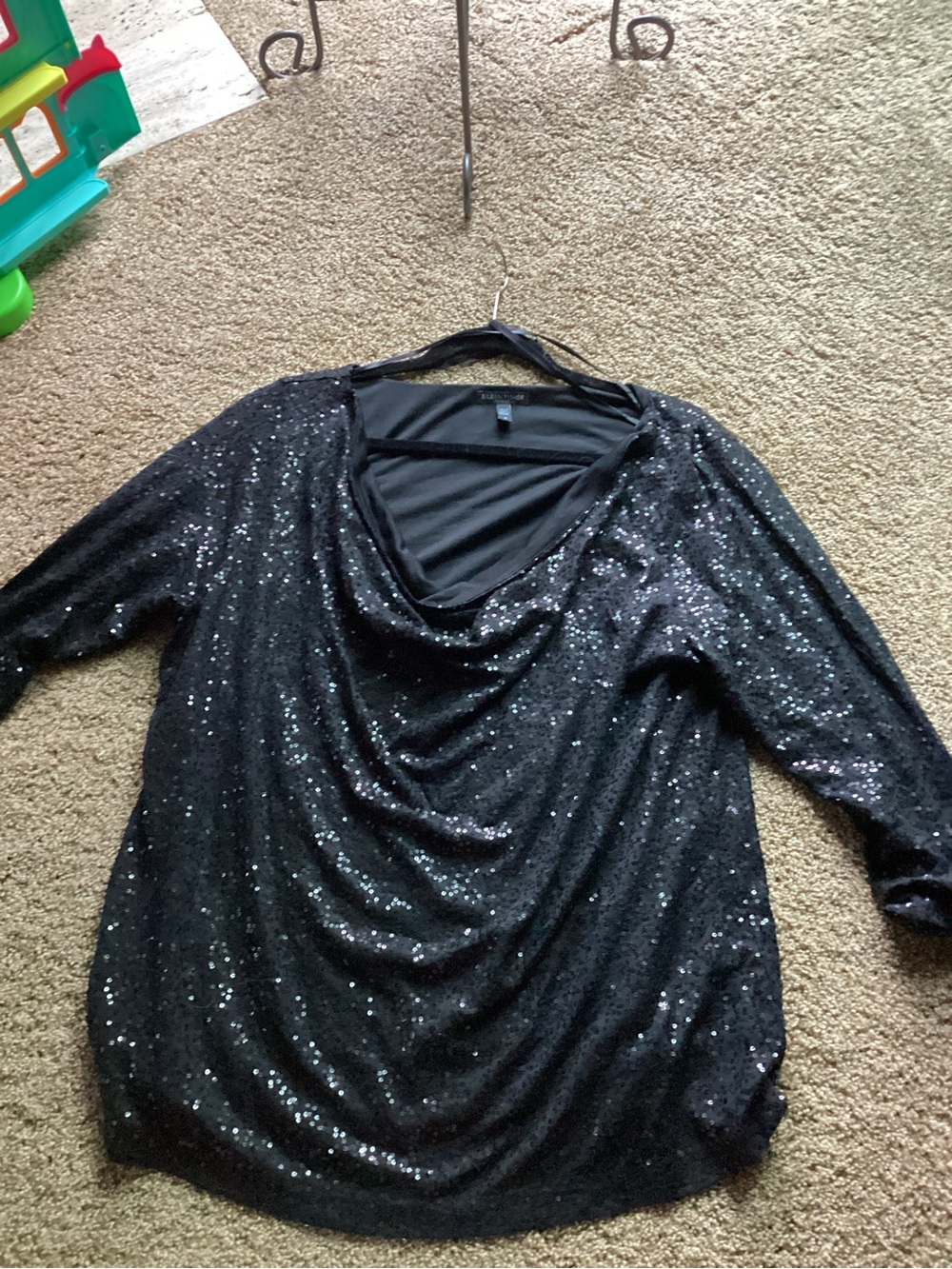 SET OF 2 Eileen Fisher Black Sequin Draped Cowl Neck Top with cardigan